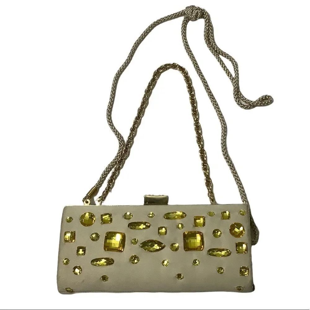 Kate Landry Gold Jeweled Studed Clutch Satin Gold RN 58909 Two Chain Handles